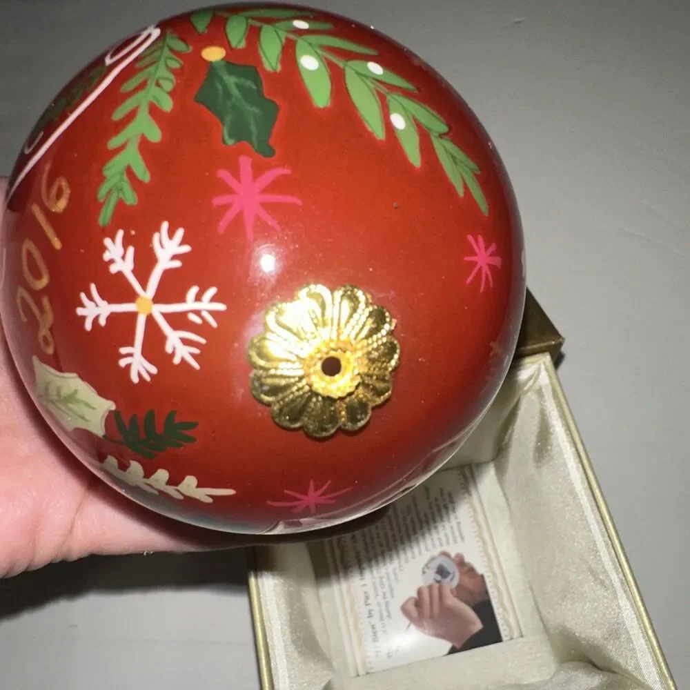 2016 Pier One Li Bien Ornament Seasons Greetings Hand Painted Glass Reindeer